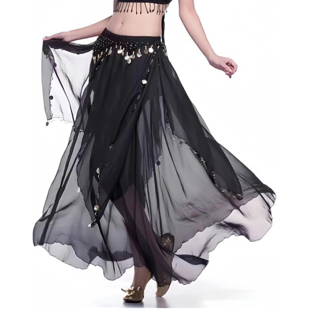 Women's Black Imported Chiffon Belly Dance Costume Indian Dance Skirt with Coins